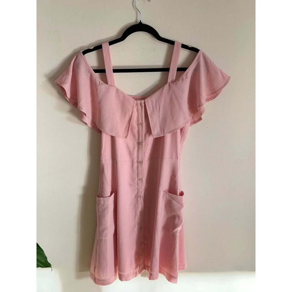 JOA Just One Answer Pink Cold Shoulder Button Down Mini Dress Small - Picture 2 of 7